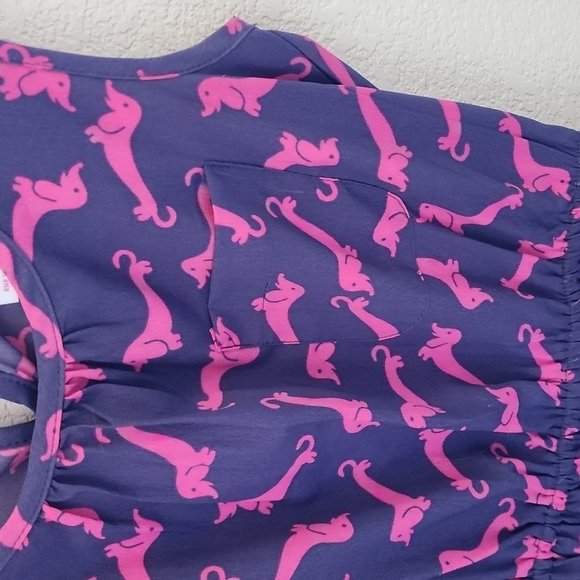 Cute navy dress with fuchsia dog print, perfect for play or parties! - Picture 2 of 4